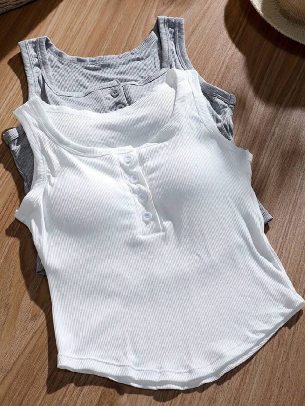 Ribbed Henley Tank Top - White (2-Pack)